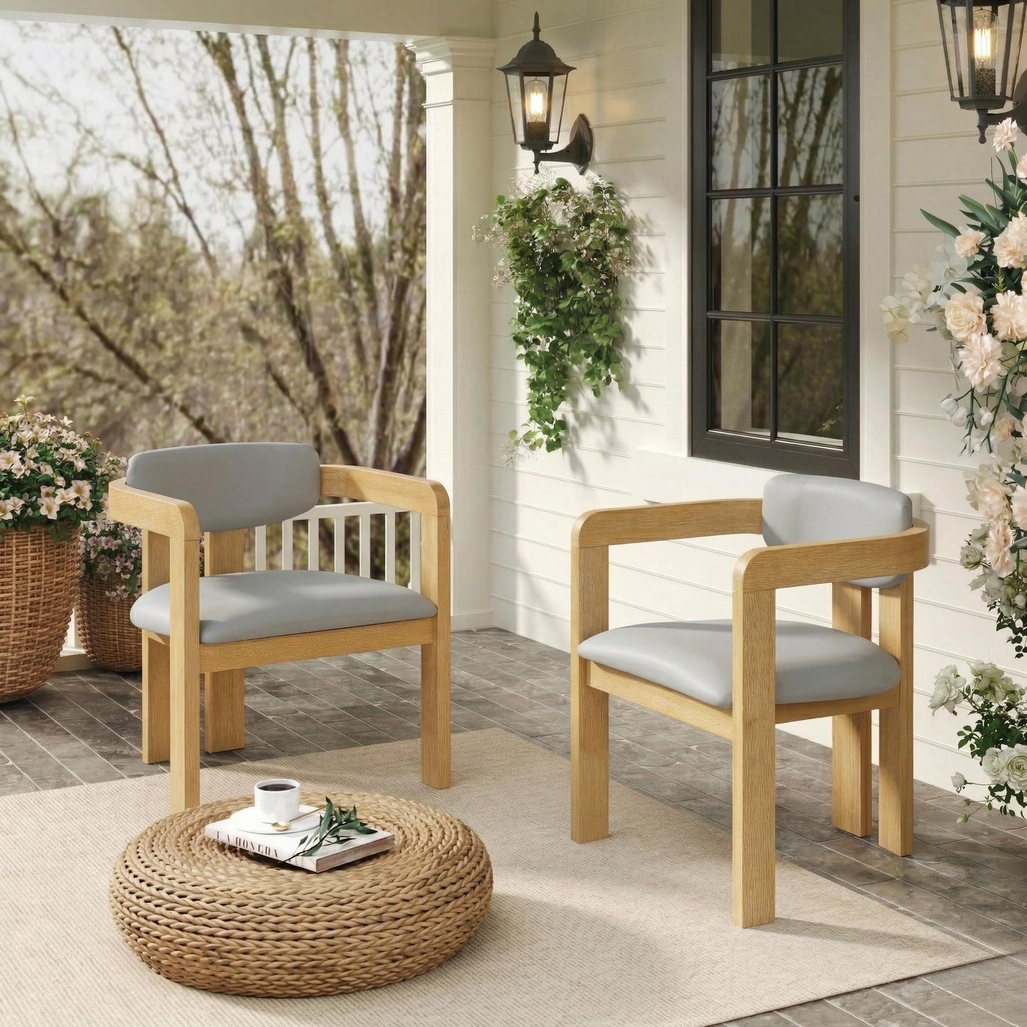 Set of 2 Outdoor Acacia Wood Dining Chairs with Cushions