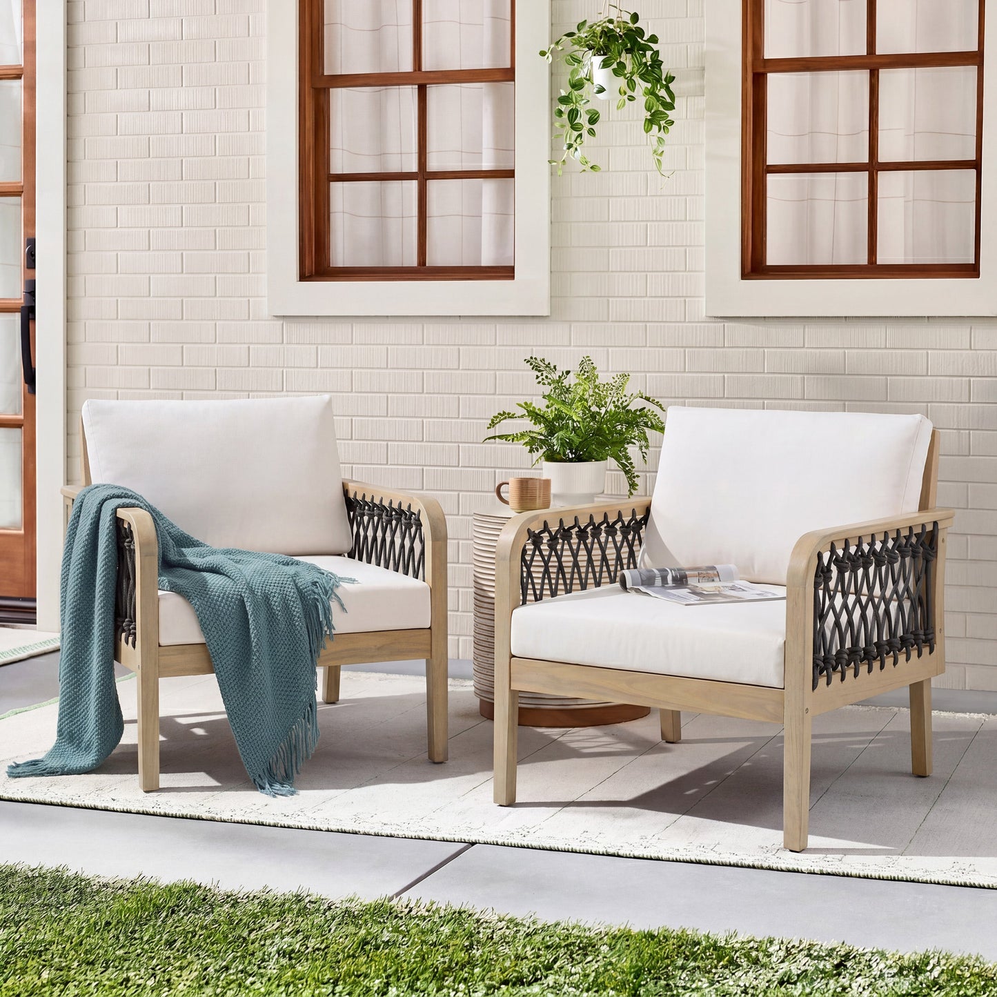 Outdoor Acacia Wood Club Chair with Handwoven Rope (Set of 2)
