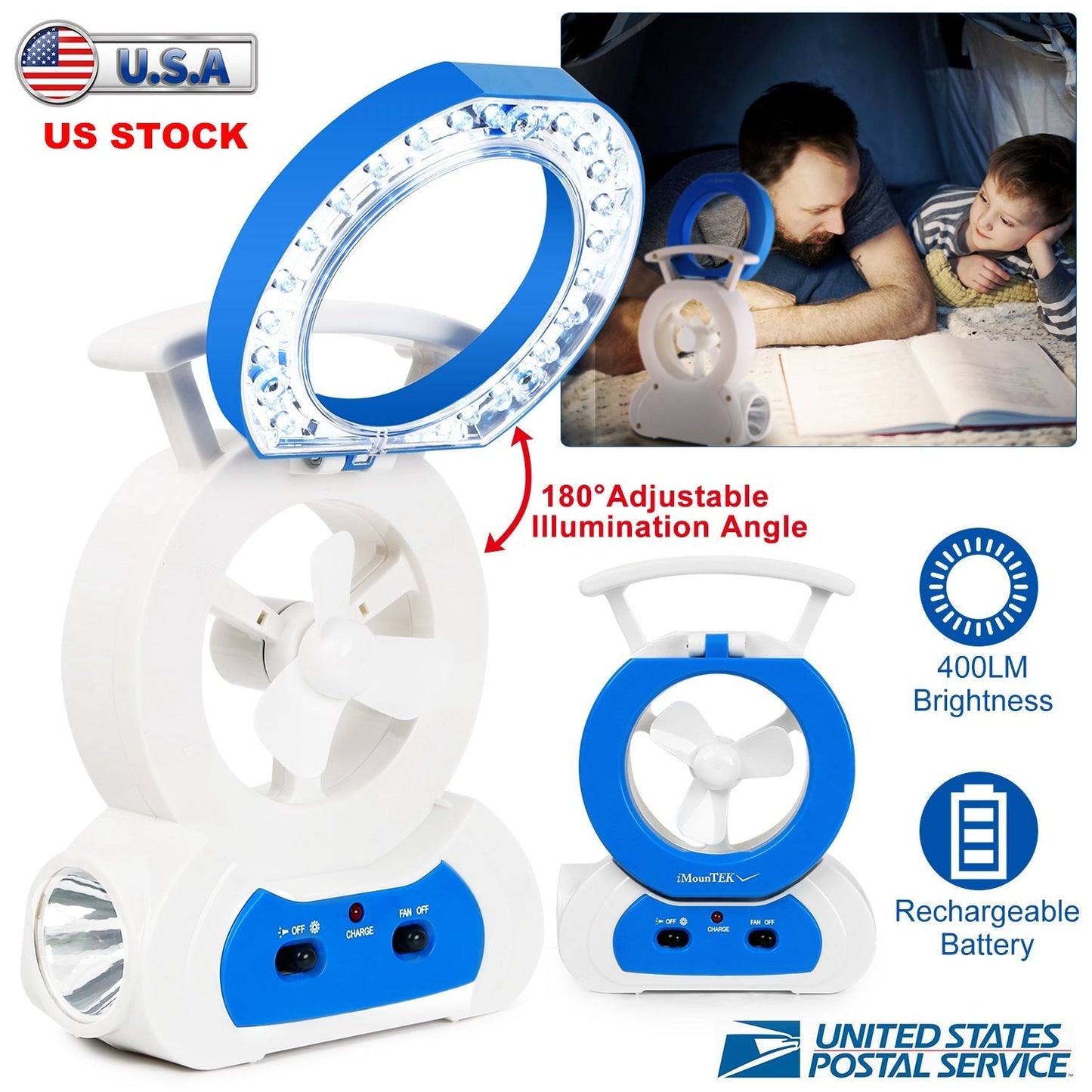 Desk Cooling Fan w/180¡Adjustable LED Lamp Baby Stroller Fan Emergency Flashlight Torch for Household Camping Traveling