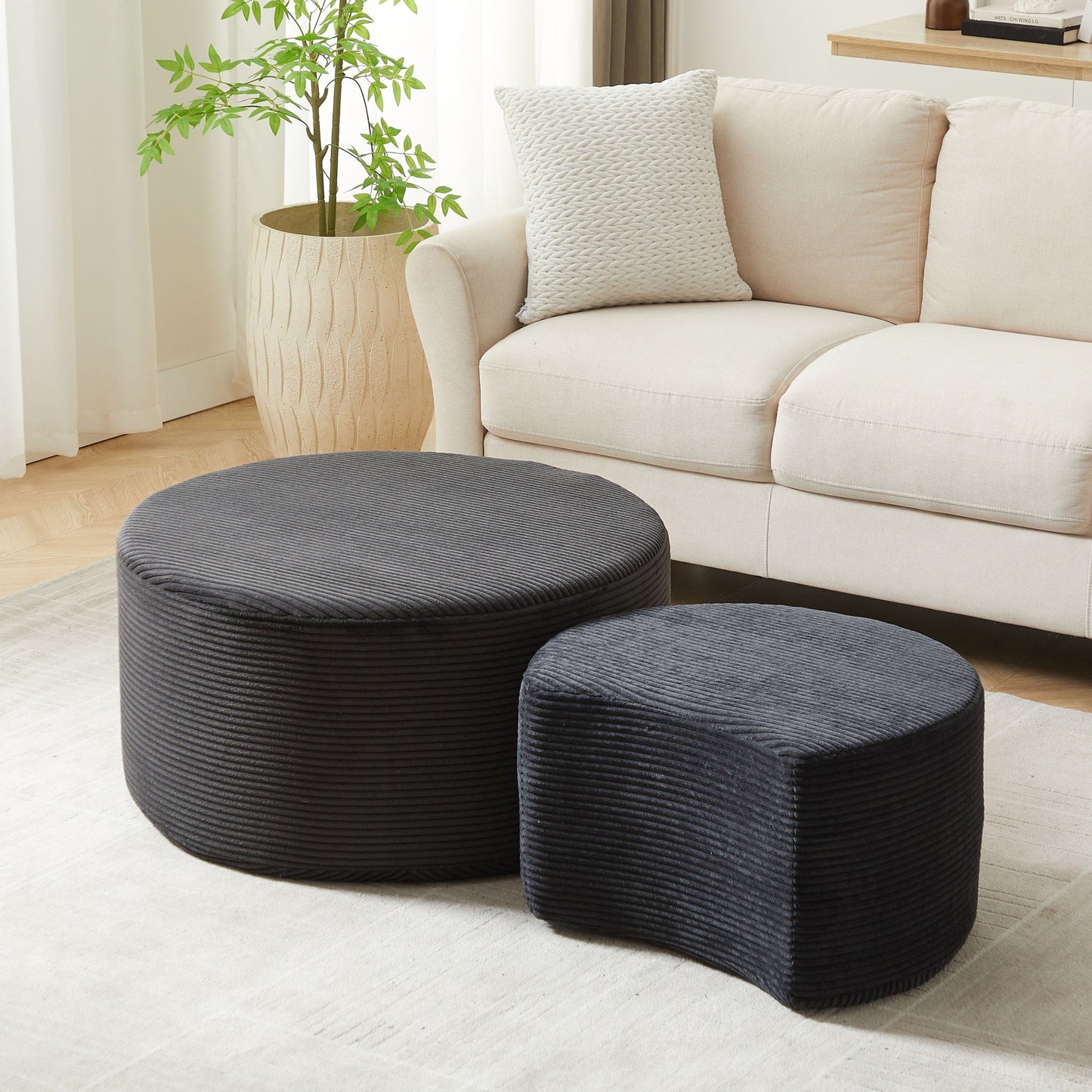 Modern Upholstered Round Coffee Table For Living Room (Set of 2)