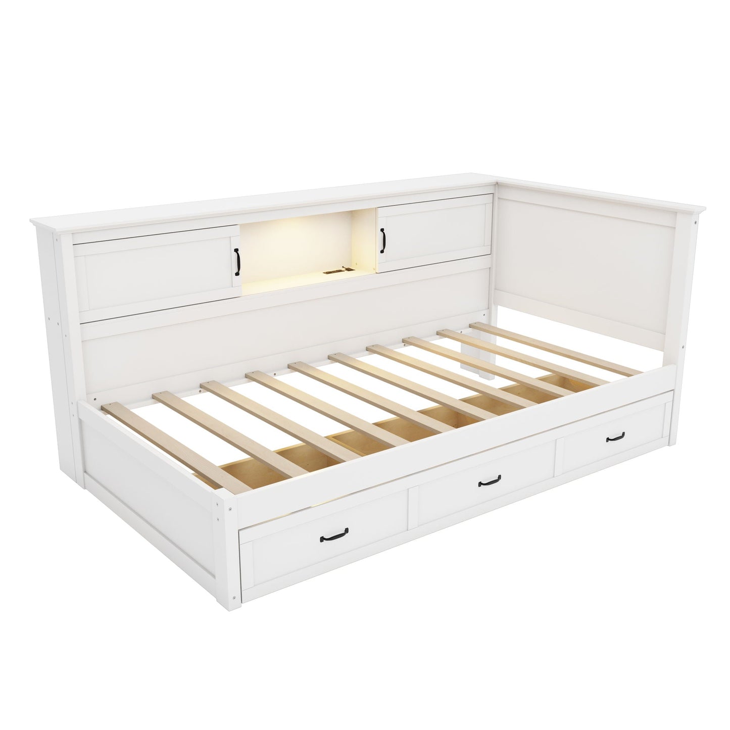 Twin Size L - Shaped Captain Bed With Drawer And Bookcase, LED Downlight And USB Charging Station - White