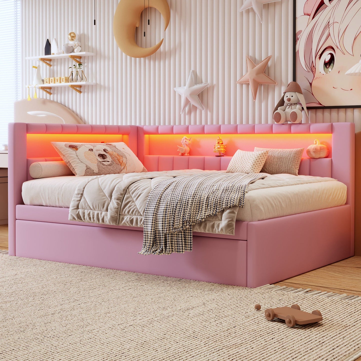 Upholstered Platform Bed With USB Ports And LED Belt