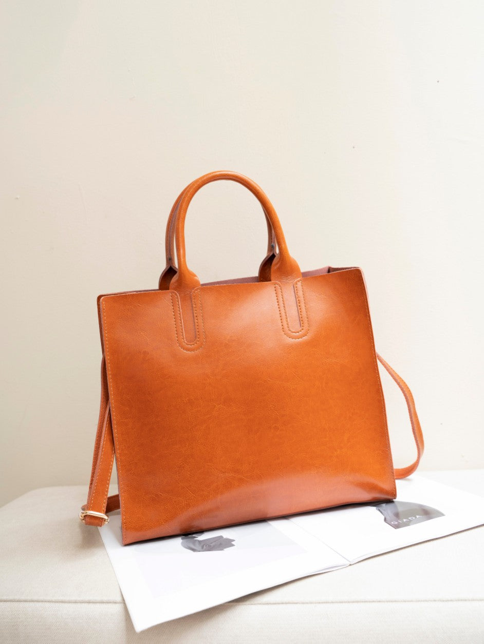 Genuine Leather Women's Bag, Cross-border Commuting, Oiled Wax Cowhide Handbag, Large Capacity Tote, Single Shoulder And Crossbody Square Bag