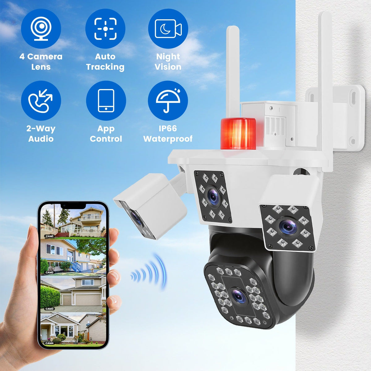 1080P HD 4-Lens Security Camera 360° View WiFi Pan & Tilt Surveillance Camera With Full Color Night Vision Auto Motion Tracking 2-Way Audio Spotlights