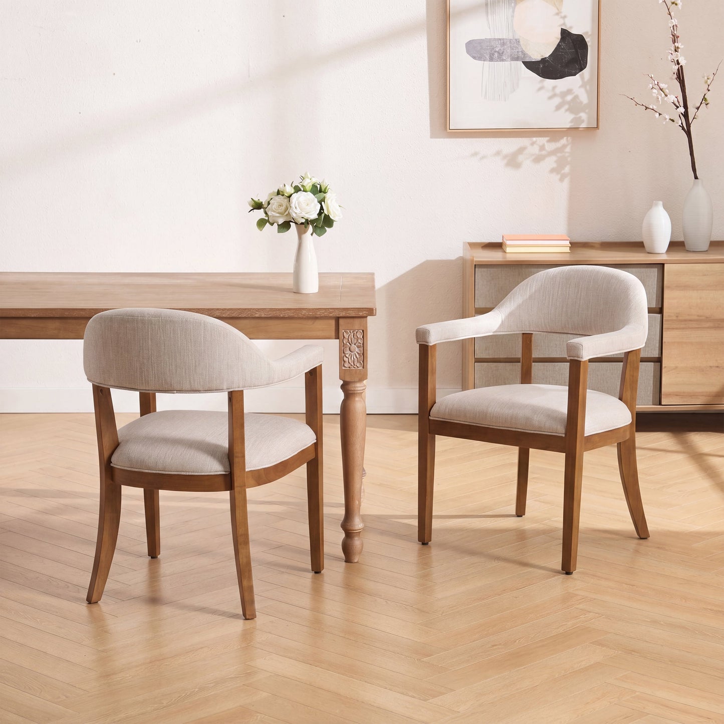 Wood Frame Upholstered Dining Chairs with Armrests (Set of 2)