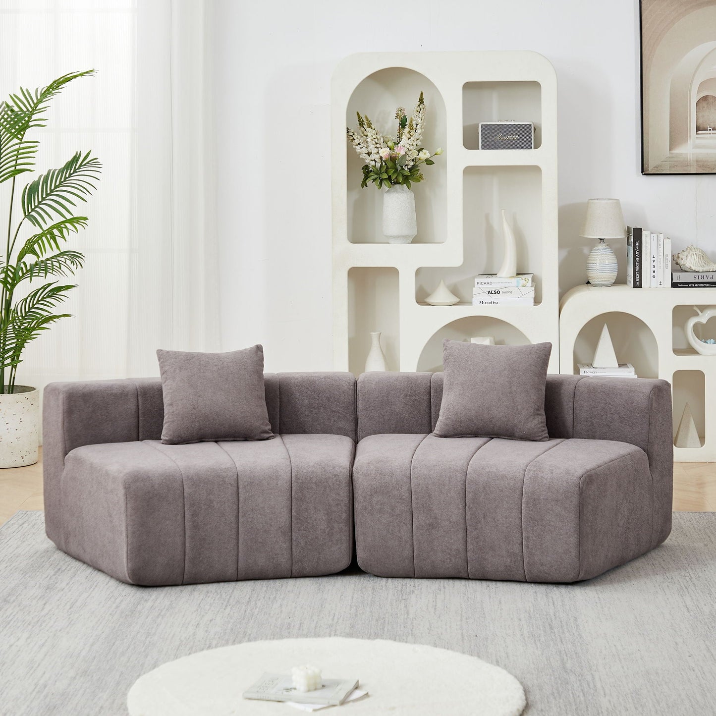 Curved Sectional Sofa With 2 Pillows For Living Room - Gray