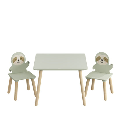 Sloth Themed Table And Chair Set With 2 Cute Animal Chairs - Natural Wood / Sage Green