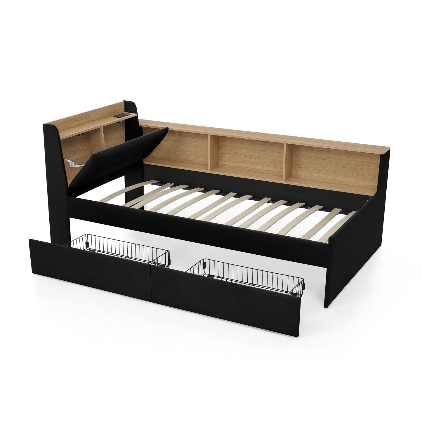 Upholstered Daybed With Storage Headboard, Wireless Charging, LED Lights