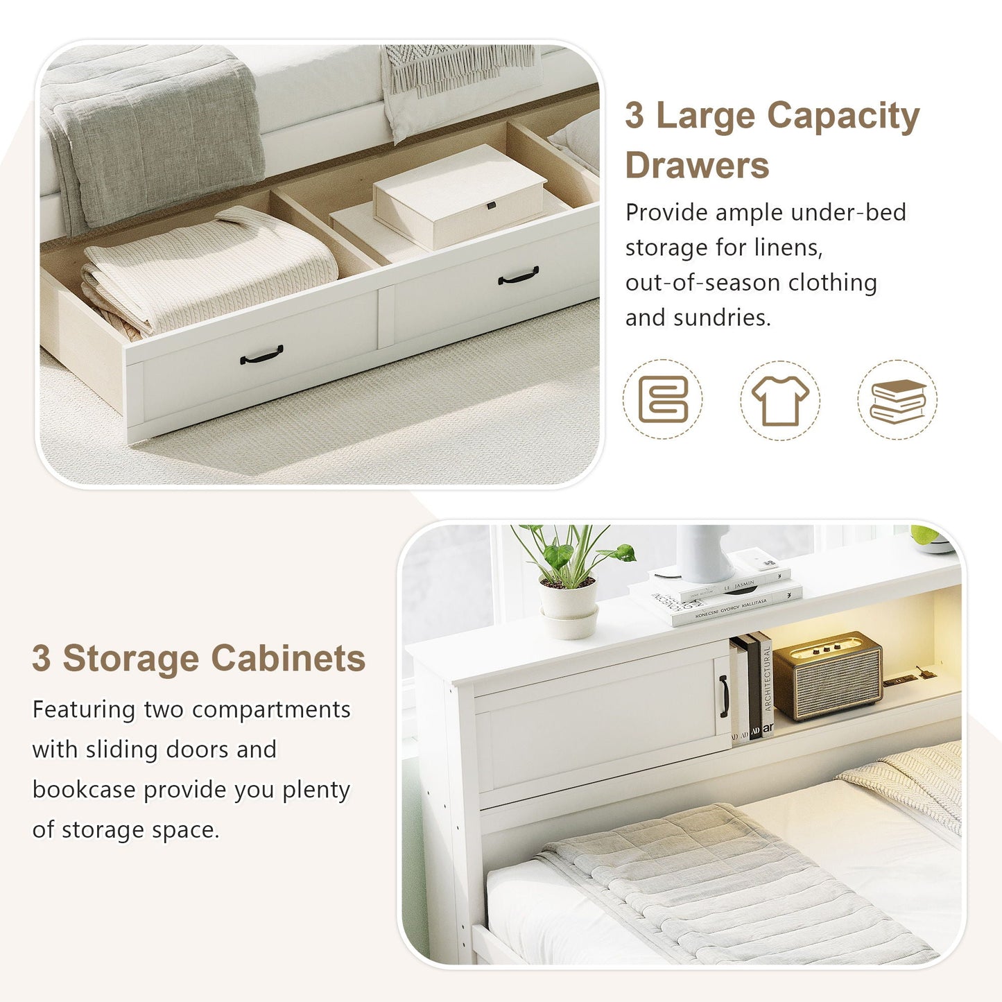 Twin Size L - Shaped Captain Bed With Drawer And Bookcase, LED Downlight And USB Charging Station - White
