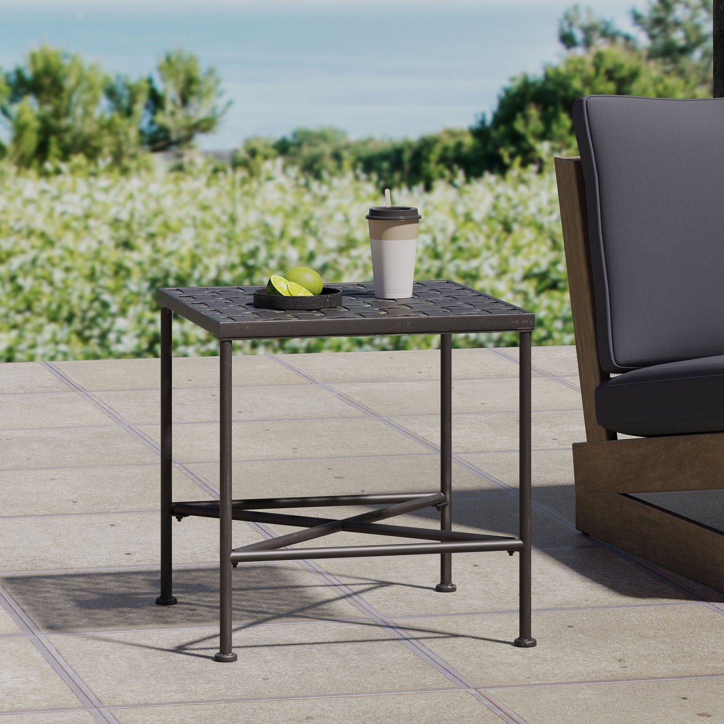 Outdoor Square Side Table with X Shaped Iron Frame - Black