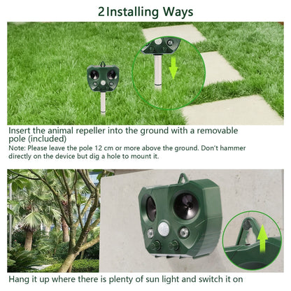 Ultrasonic Animal Repeller Solar Powered Repellent with Motion Sensor LED Flashing Lights IPX6 Waterproof Outdoor for Farm Garden Yard