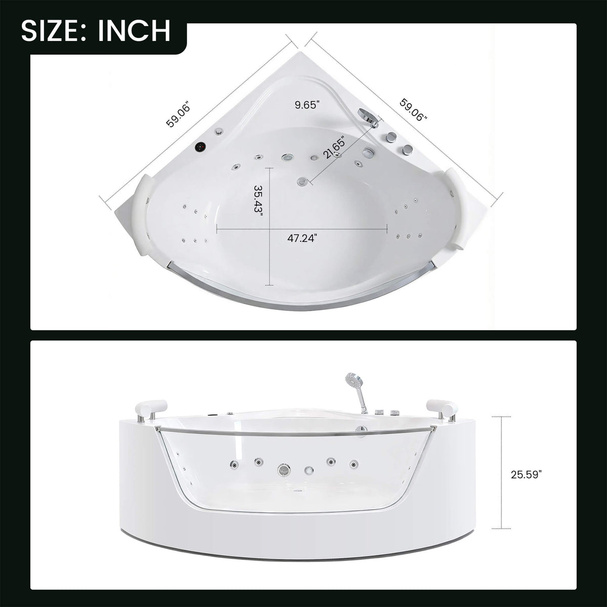 Nuvia Serenity 59-Inch 2-Person Acrylic Corner Whirlpool 16-Jet Hydromassage Bathtub With Heater Rainbow Light (SAK12058)