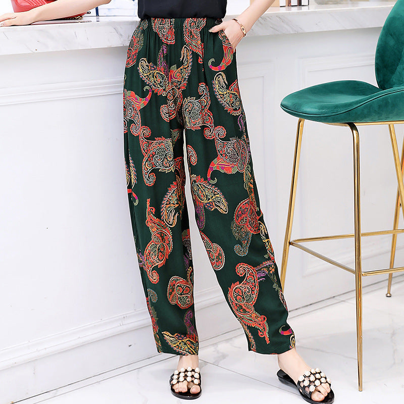 Vibrant Red & Blue Floral Cotton Linen Bloomers | Plus Size Breathable Mother Pants High-Waisted Comfort Slacks