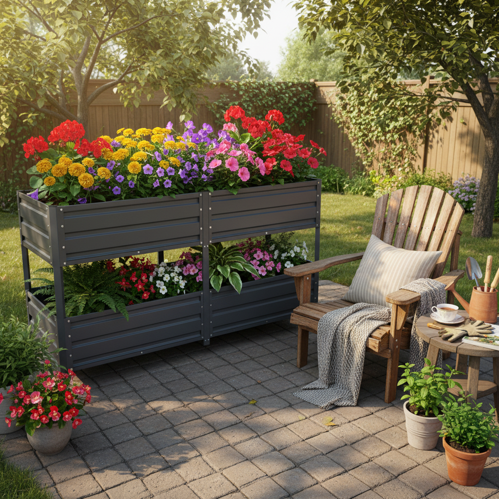Dual Tier Elevated Metal Raised Garden Bed with Lockable Wheels