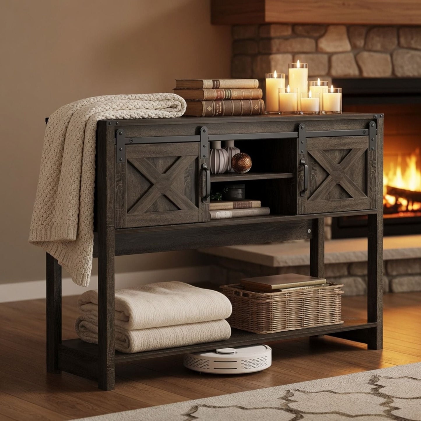Farmhouse Entryway Table With Sliding Barn Door