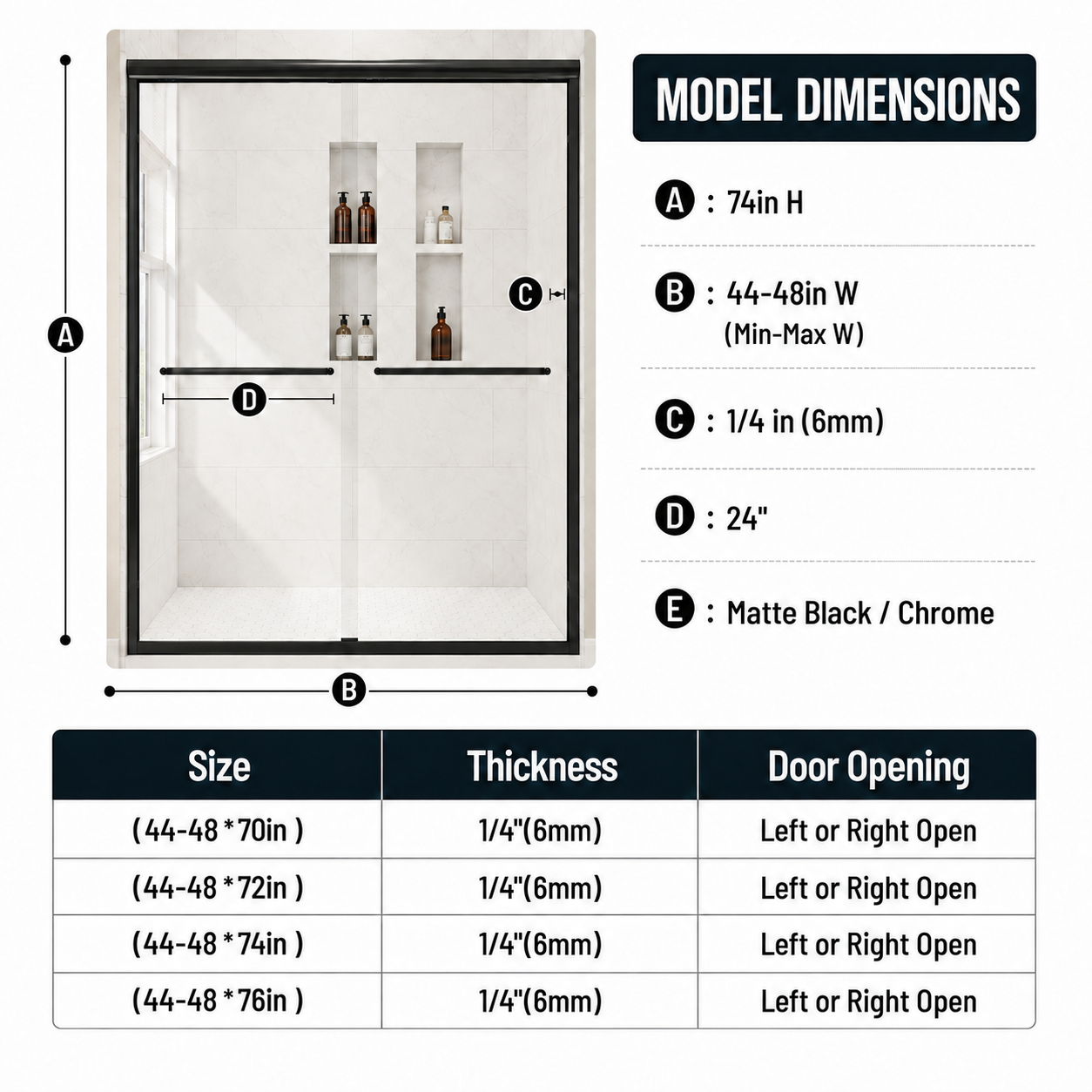 44-48" W x 74" H Framed Double Sliding Shower Door