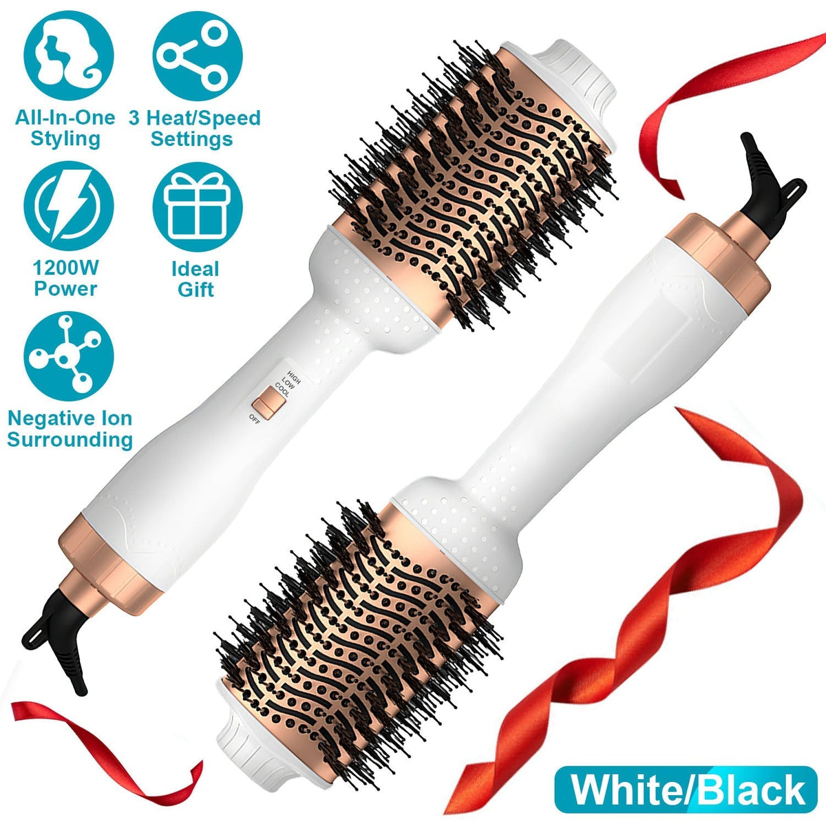 4 In 1 Hair Dryer Brush Curling Brush Hair Styler Volumizer Straightener Negative Ion Anti-frizz Hot-Air Hair Brush for All Hair Types Black White
