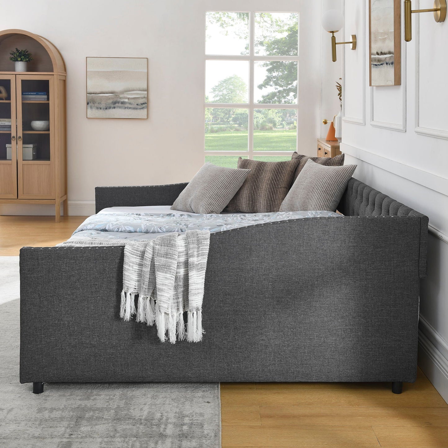 Upholstered Tufted Daybed With 2 Drawers, Waved Arms