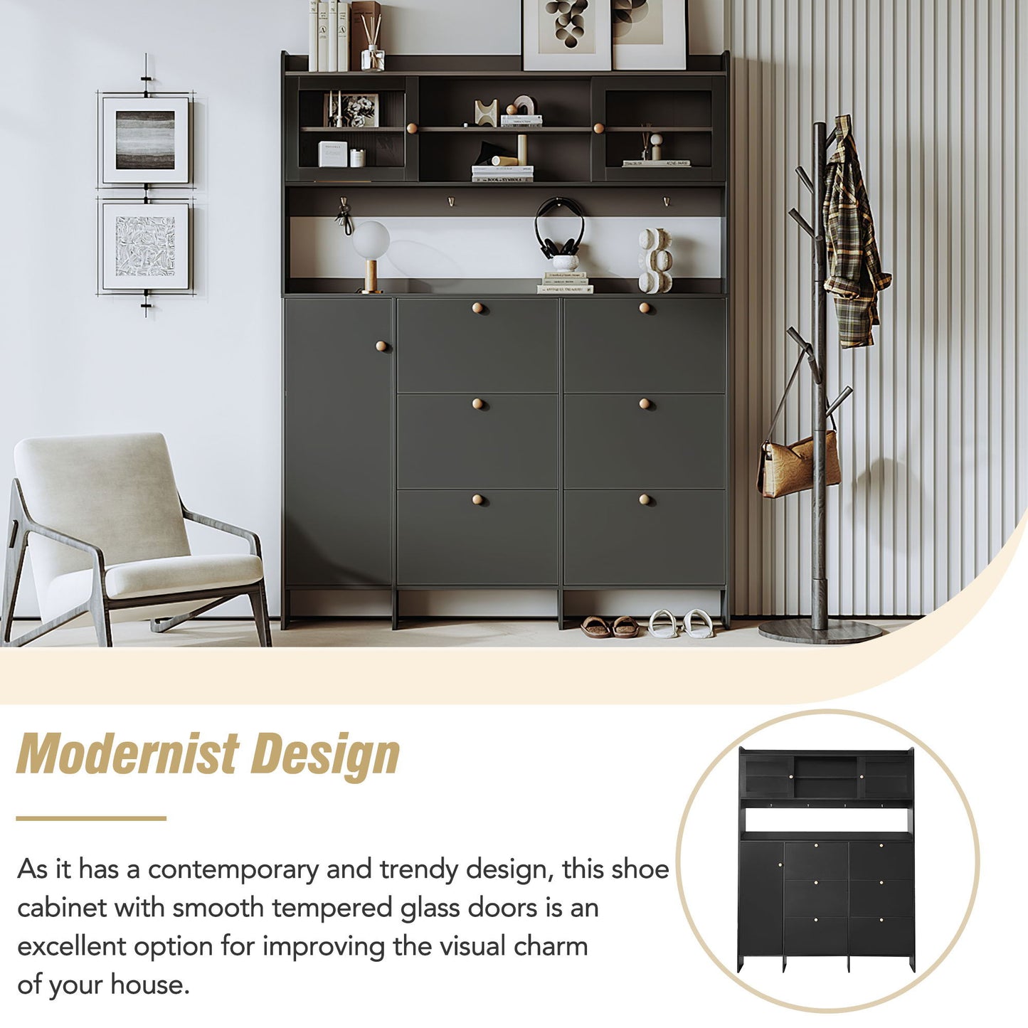 On Trend Multifunctional Tipping Bucket Shoe Cabinet With Storage Shelf & 6 Flip Drawers