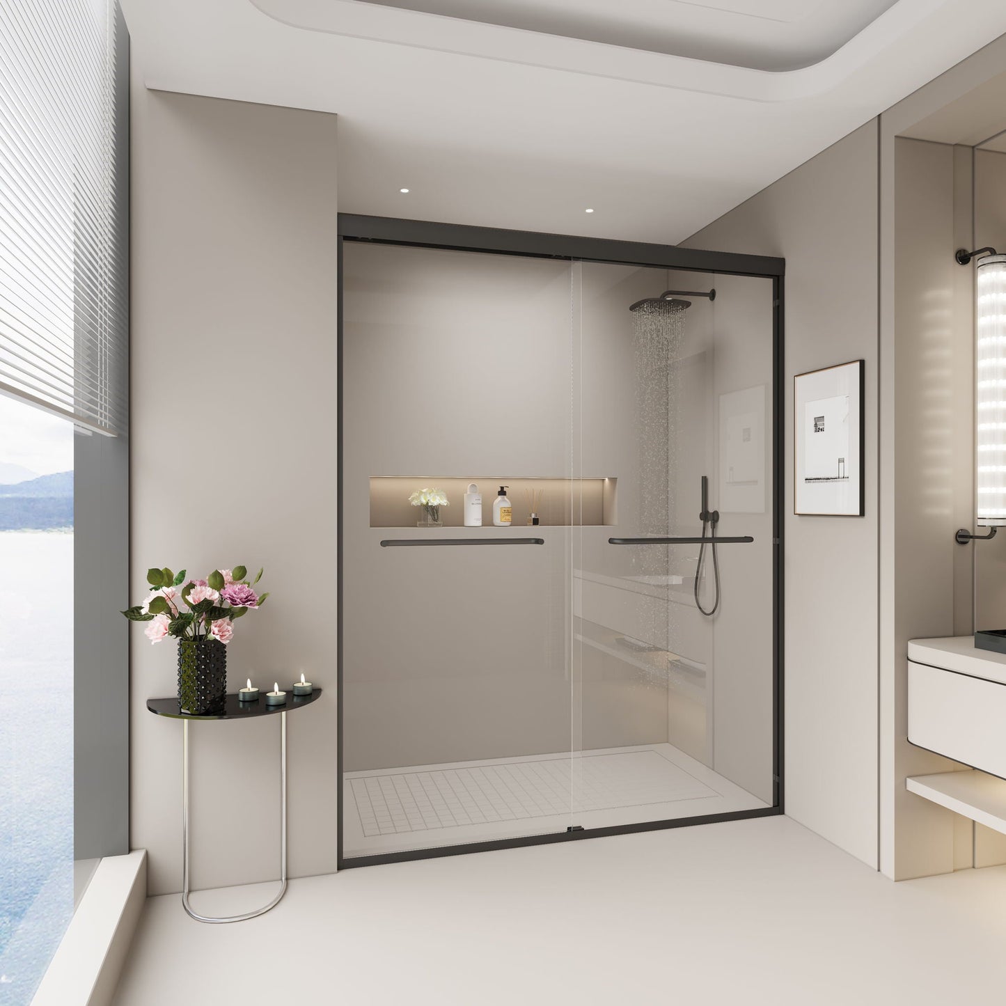 Double Sliding Shower Door, Semi-Frameless Bypass Bathroom Sliding Door With 1/4" (6 Mm) Tempered Glass For Walk-In Shower