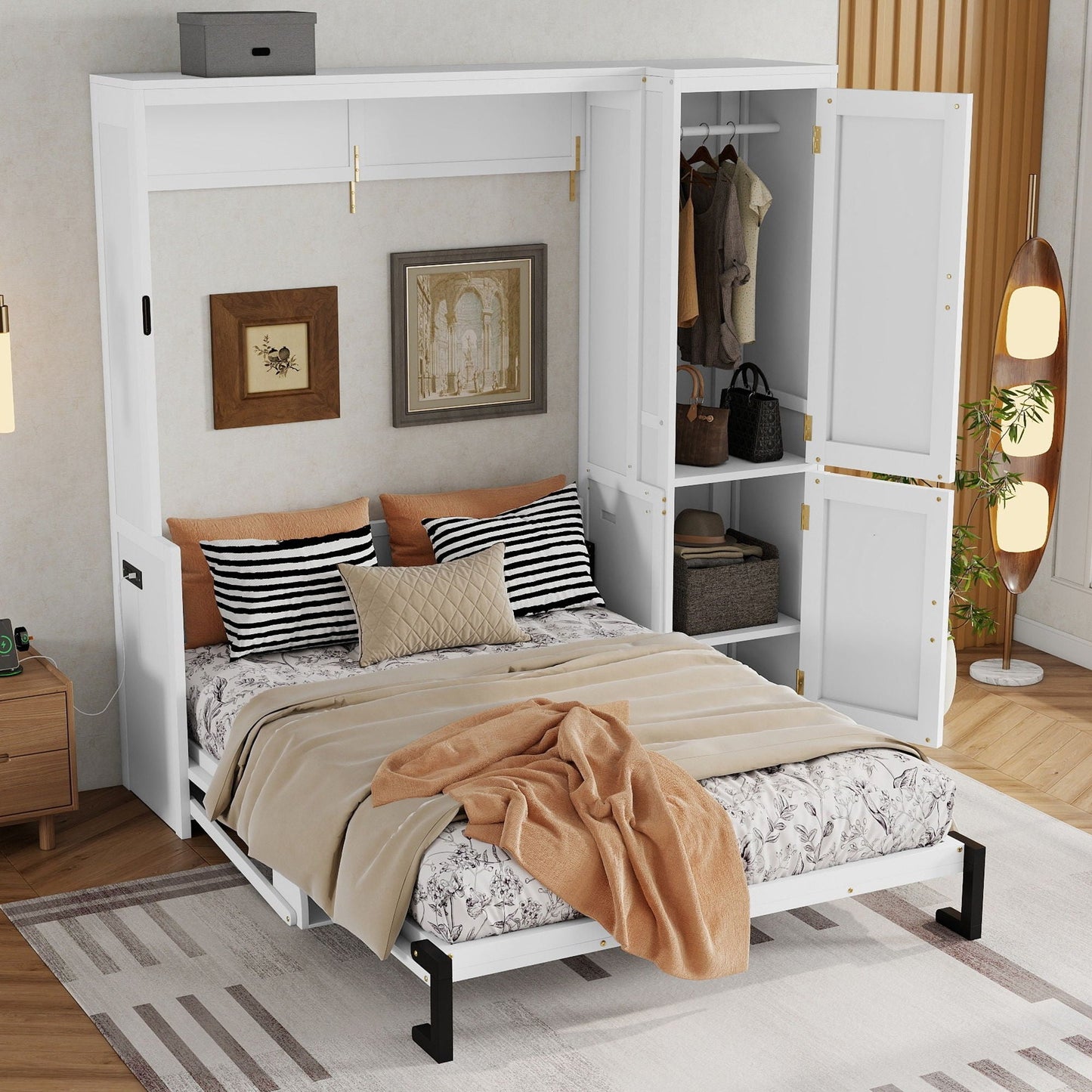 Queen Size Murphy Bed With Wardrobe, Space-Saving Hidden Wall Bed With Desk And Charging Station - White
