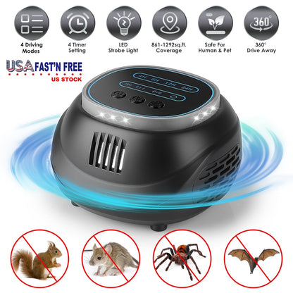 Ultrasonic Rodent Chaser Rat Repellent Pest Driver Mouse Control Squirrel Repeller with 4 Modes 4-65KHz Strobe Light 4 Timer 1292sq.ft. Coverage for R