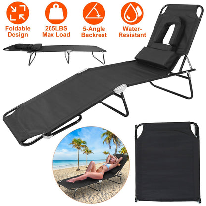 Folding Beach Lounge Chair Face DownÊTanning Chaise Sunbathing Recliner 265LBS Max Load with 5-Angle Backrest 3 Removable Pillows for Beach Pool Lawn