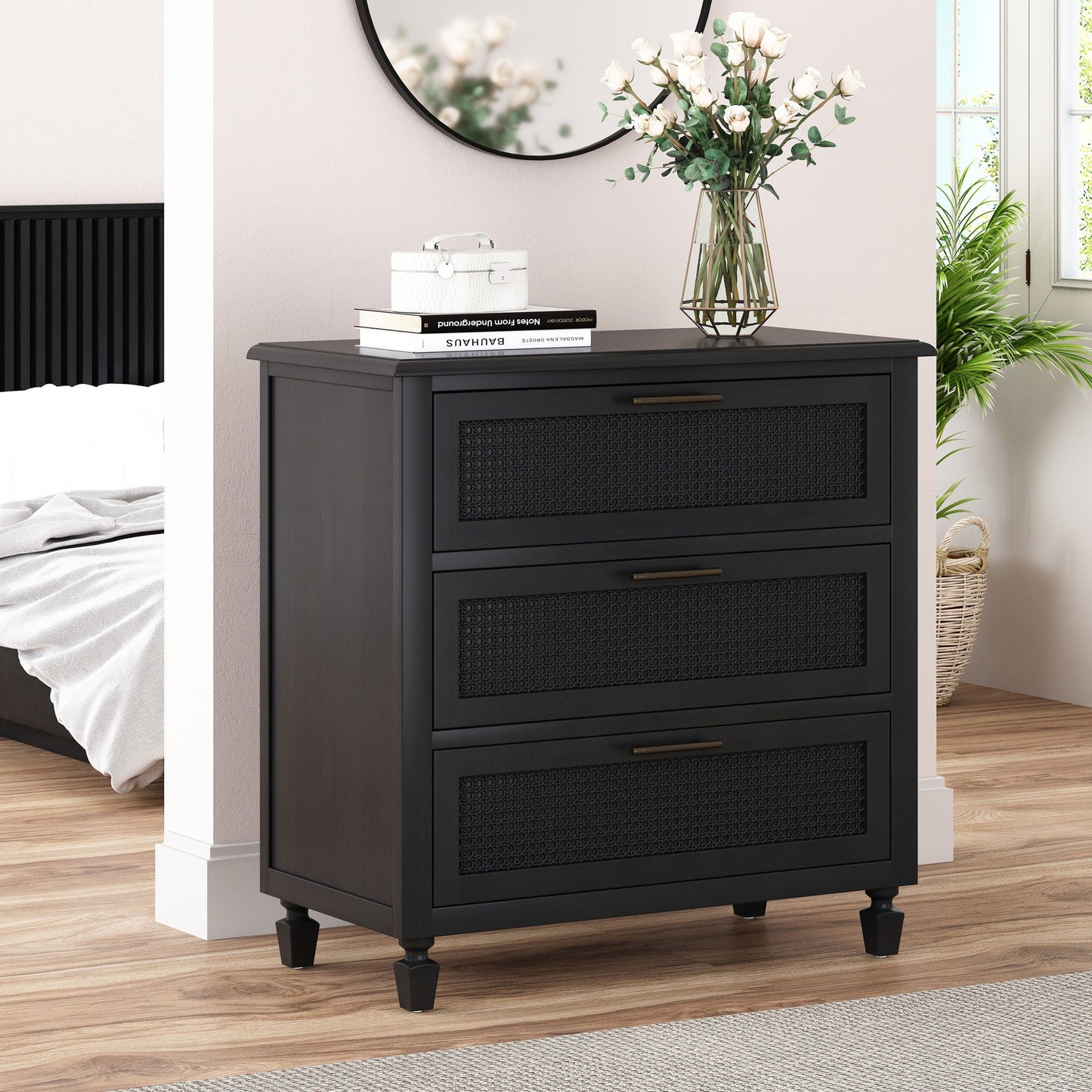Newell Cane 3 Drawer Dresser - Dark Gray