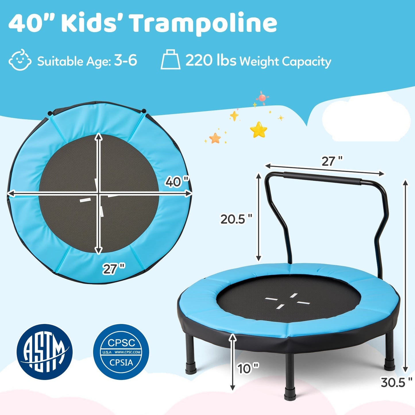 40 Inch Trampoline for Kids Indoor Outdoor Fitness Trampoline