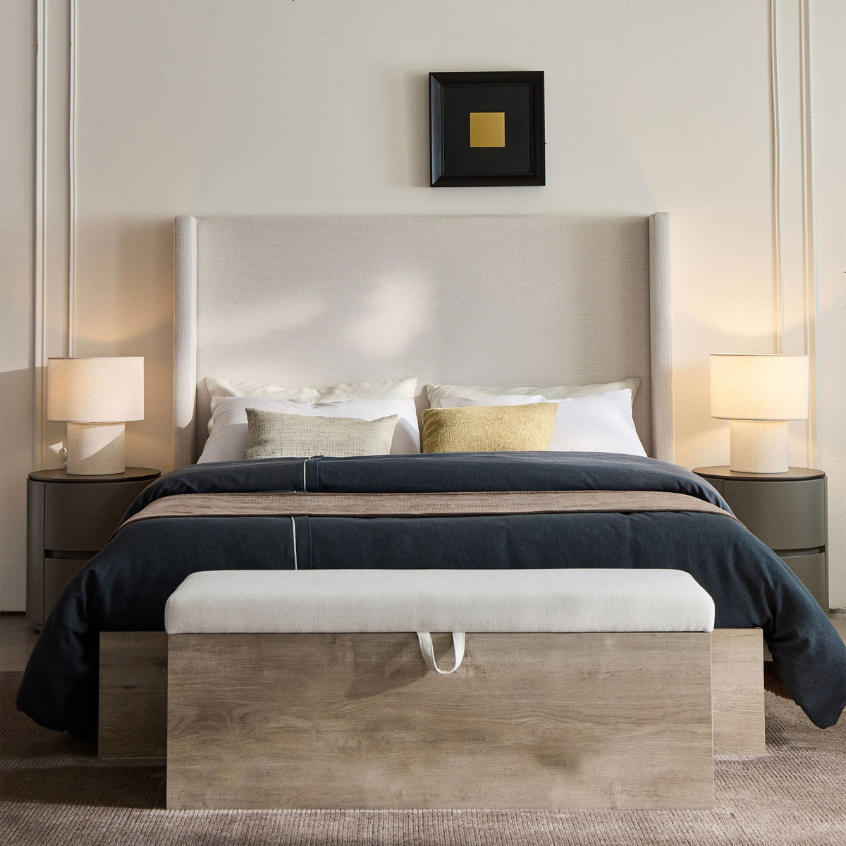 Shelton - Queen Upholstered Wingback Bed With 54" High Headboard - Ivory / Light Gray / Camel Oak