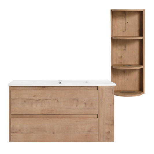 Modern Wall Mounted Bathroom Vanity with Ceramic Sink and Storage Rack