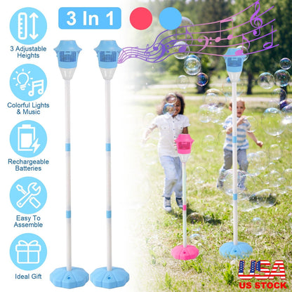 2Pack 3 In 1 Standing Bubble Machines with Colorful Lights and Music Rechargeable Bubble Maker Stands with 2 Modes 3 Adjustable Height for Party Weddi