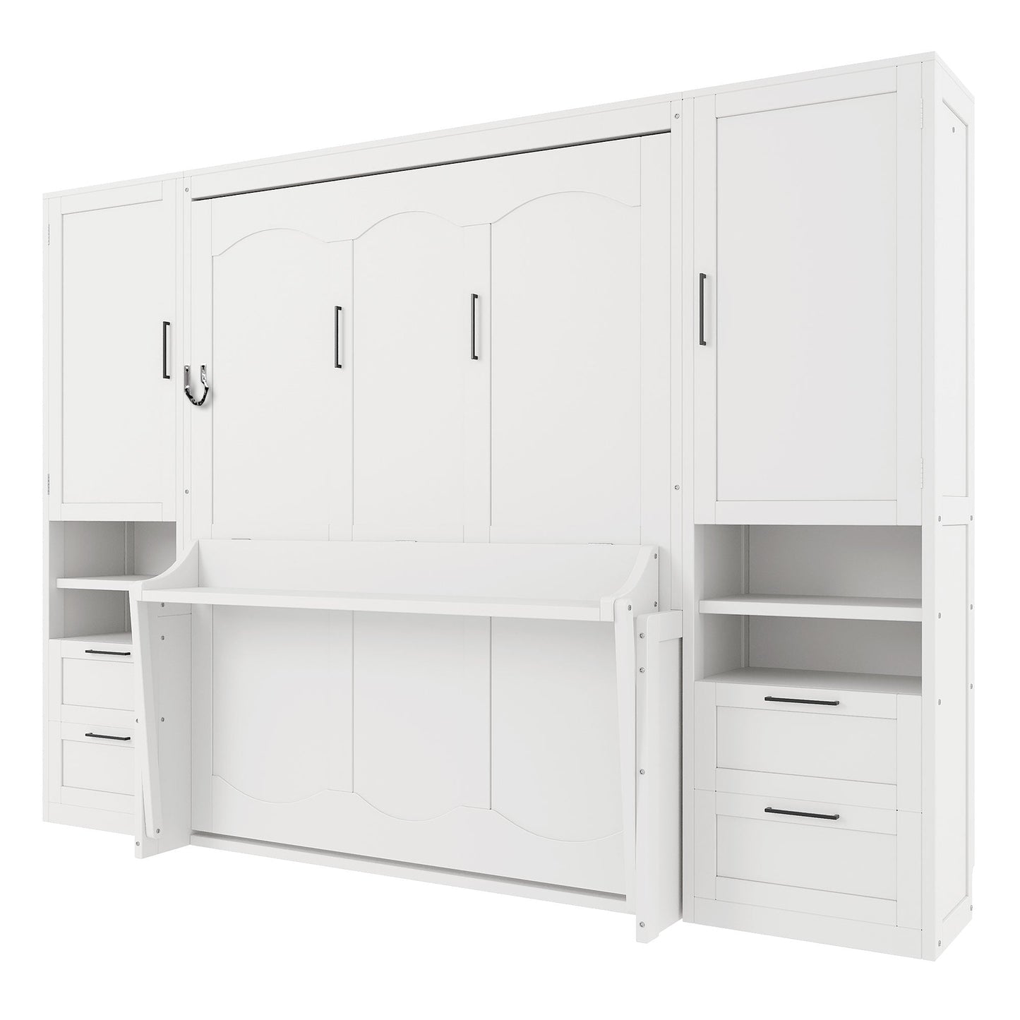 Queen Size Murphy Bed Wall Bed with Closet, Drawers and Shelves, White