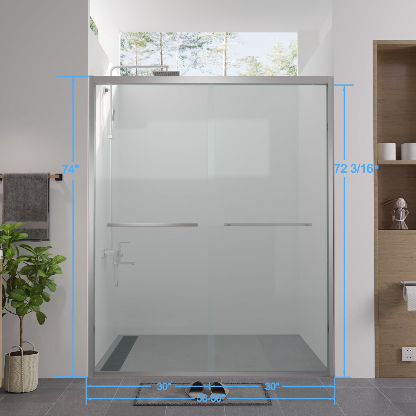 56-60"x74" Aluminum Frame Double Sliding Shower Door