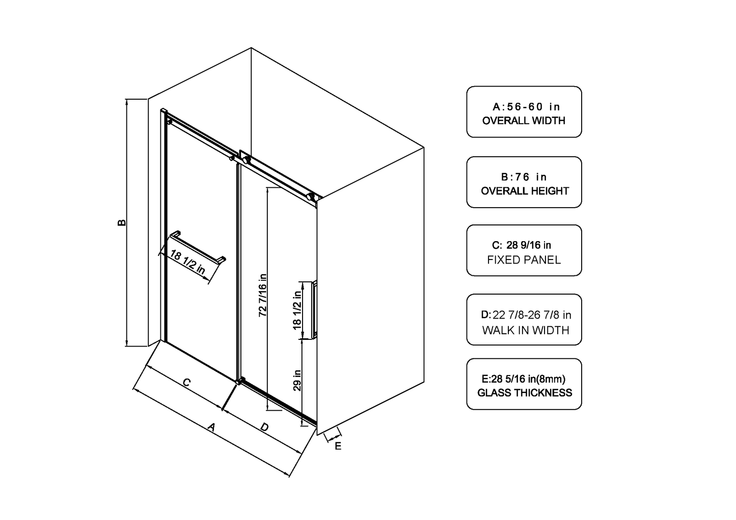 S-RM6076TB 56-60"W x 76"H Sliding Shower Door, 8mm Frameless Glass Shower Door with Matte
