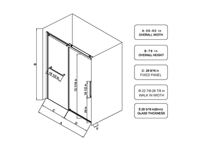 S-RM6076TB 56-60"W x 76"H Sliding Shower Door, 8mm Frameless Glass Shower Door with Matte