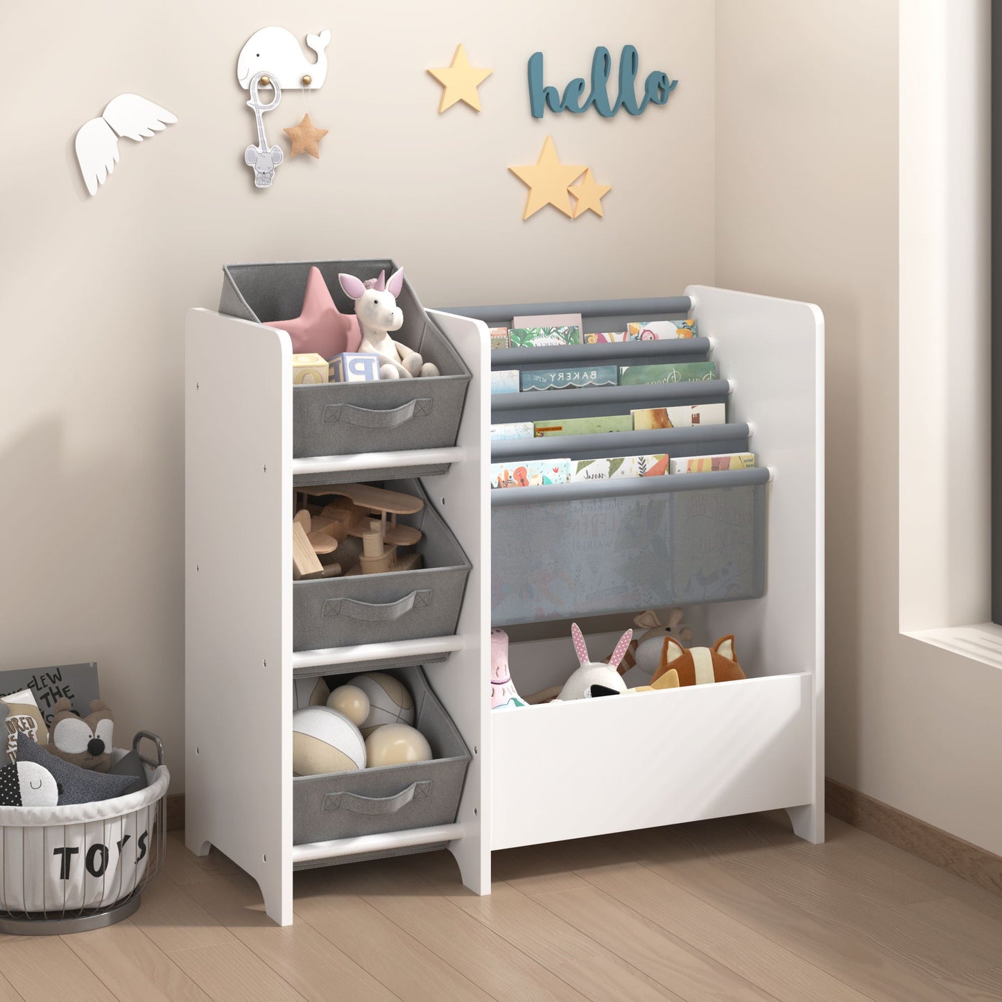 Bookshelf And Toy Storage Organizer, Multifunctional 4 Tier With 3 Collapsible Drawers - White