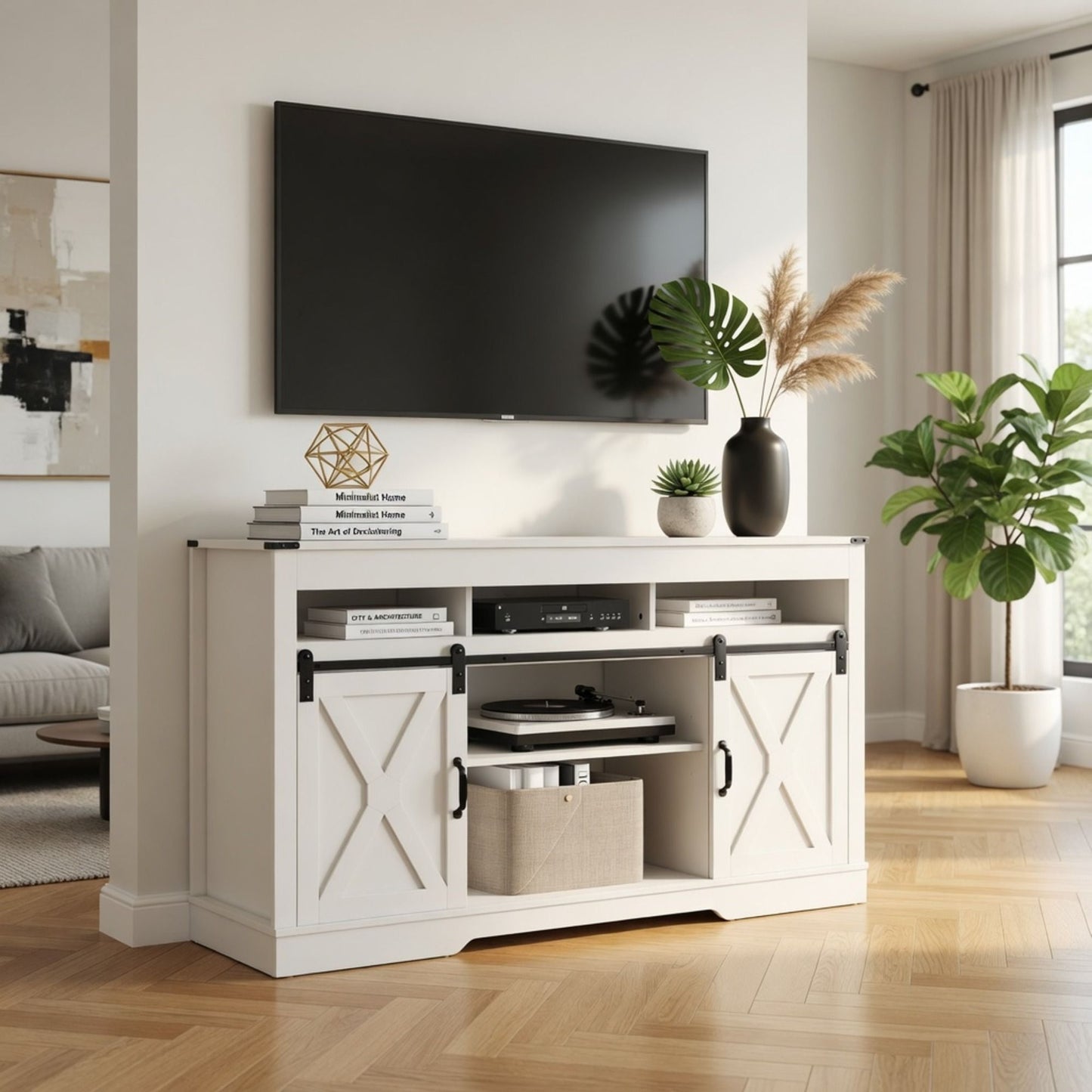 Farmhouse TV Stand With Sliding Barn Doors & Adjustable Storage
