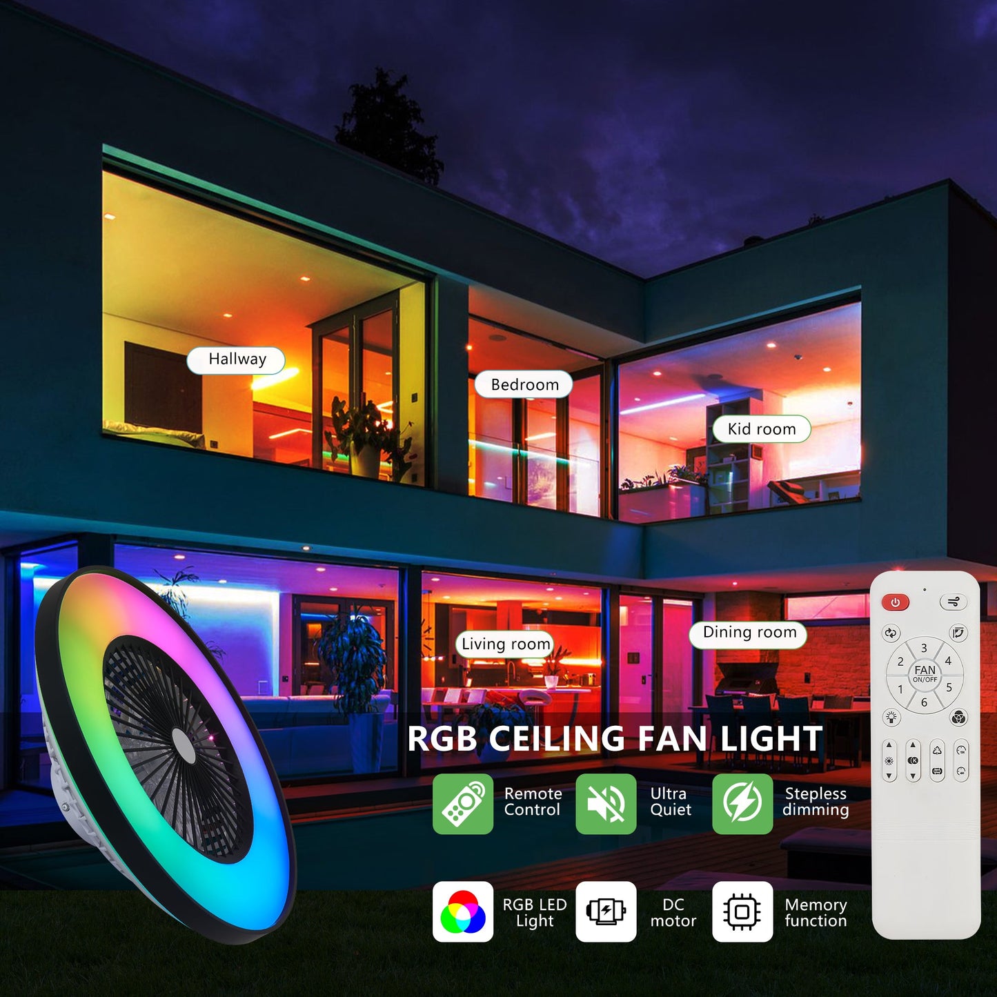 23-Inch Black and White Ceiling Fan Light with LED RGB