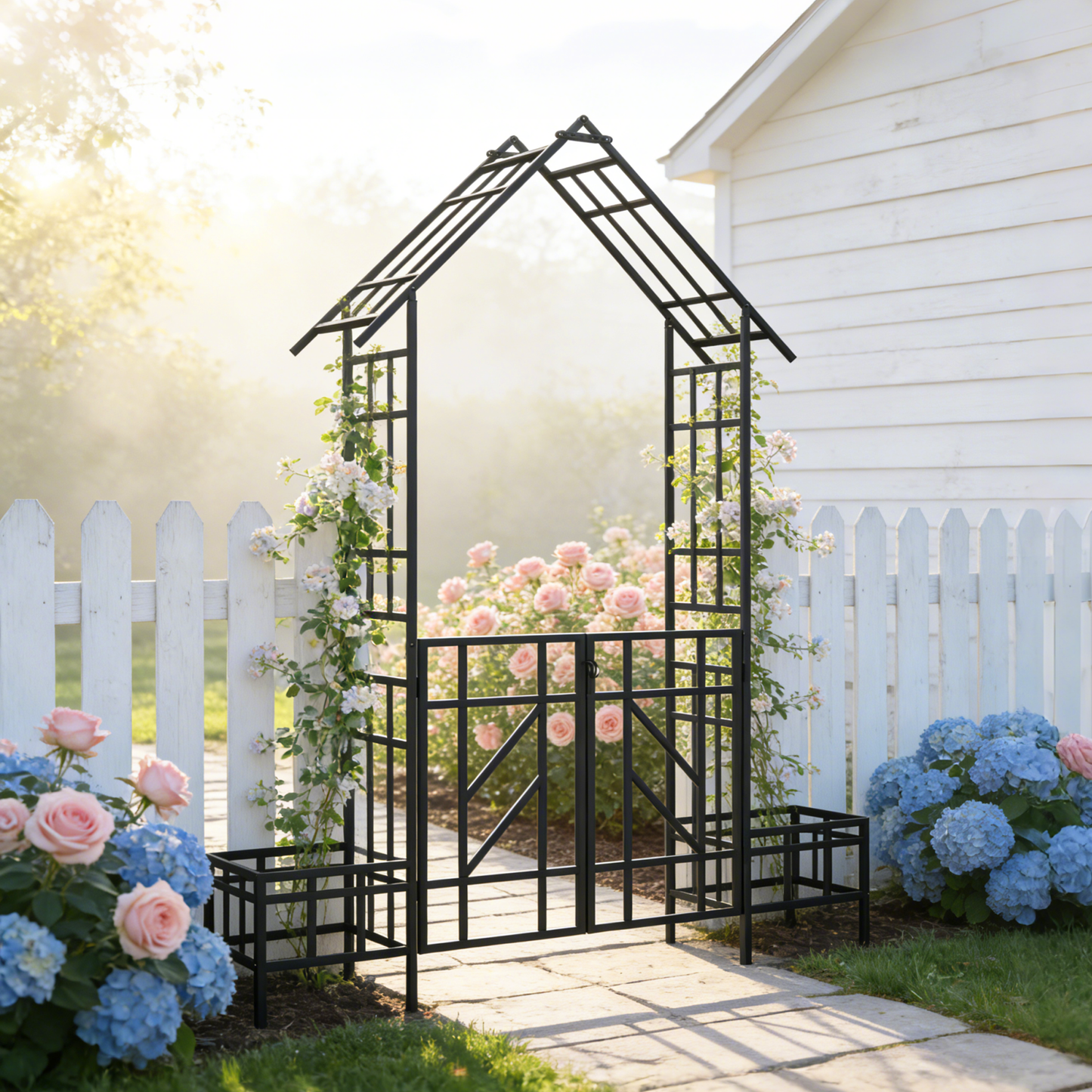 Metal Garden Arch with Gate and Planter for Climbing Plants