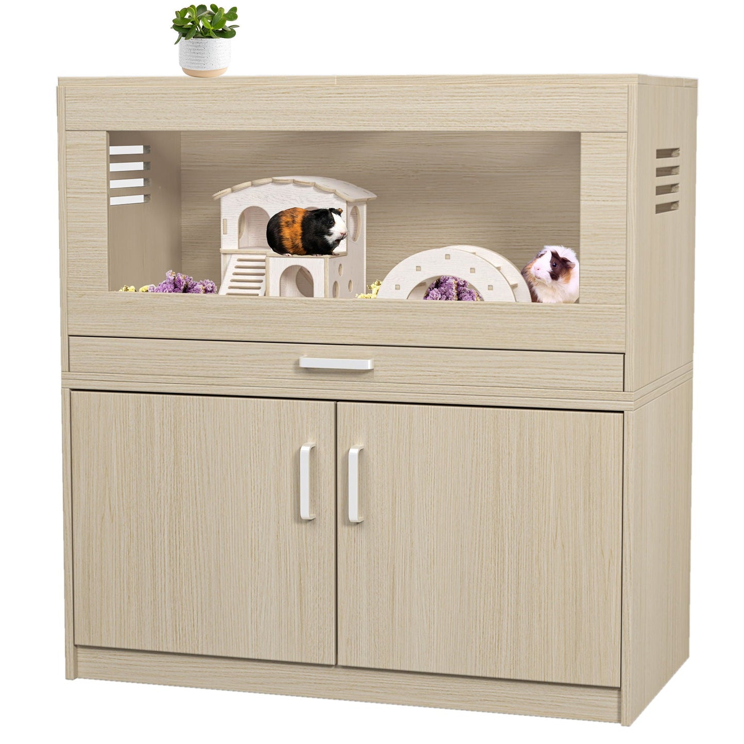 Guinea Pig Cages, Hamster Cage Wood With Independent Storage Cabinet, House For Rat Chinchilla With Guinea Pig Hutch And Bridge, Openable Top With Acrylic Sheets