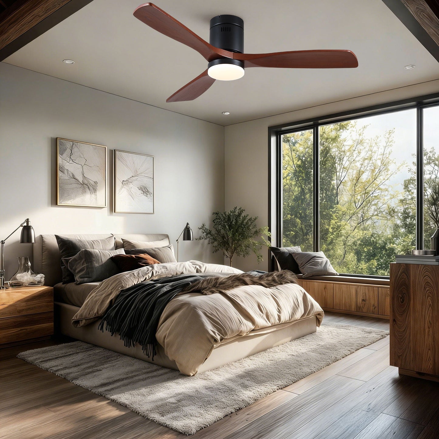 Low Profile Flush Mount Intergrated LED Ceiling Fan With Light And Silent Reversible Motor