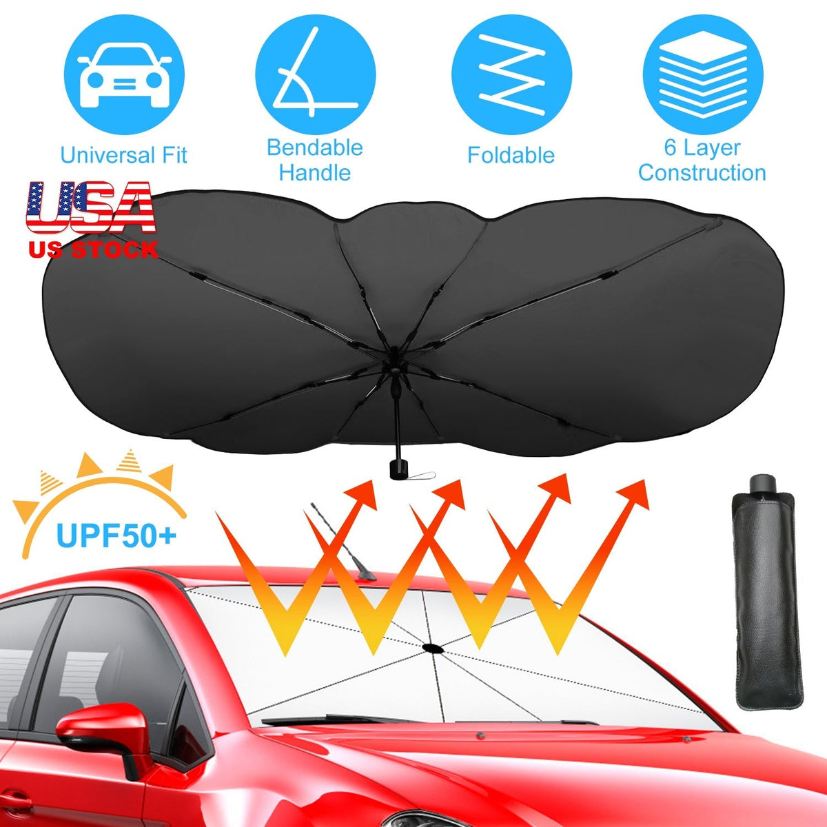 57x33In Foldable Car Sun Umbrella Universal Sun Blocker Shield Shade Silver Titanium Sun Protector with Carry Bag for Car Truck SUV