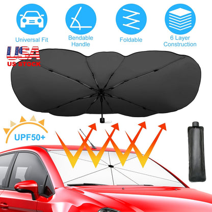 57x33In Foldable Car Sun Umbrella Universal Sun Blocker Shield Shade Silver Titanium Sun Protector with Carry Bag for Car Truck SUV