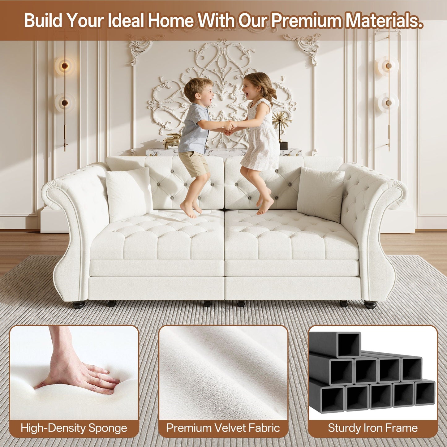 Oversized Chesterfield Pull Out Sofa Bed, Roll Arm Couch With Flower Tufting For Living Room