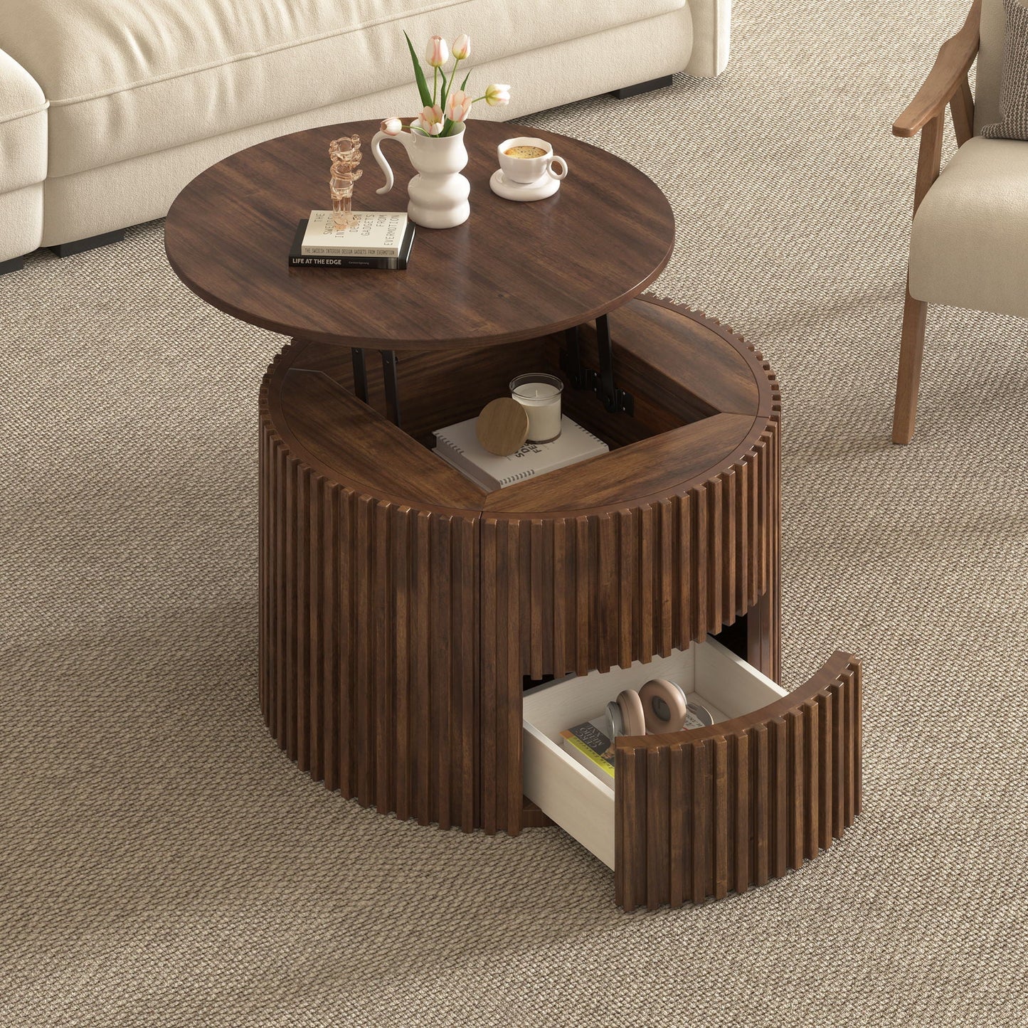 Round Lift Top Coffee Table With Hidden Storage For Living Room