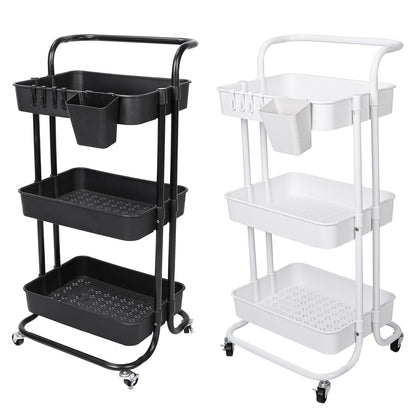 3 Tier Rolling Utility Cart Movable Storage Organizer with Mesh Baskets Lockable Wheels 360 Degree Rotatable Hanging Box Hooks Bedroom Bathroom Kitche