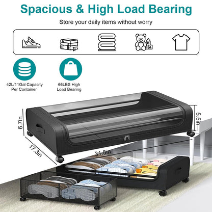 2Packs Under Bed Storage Containers Rolling Clothing Organizer 42L/11Gal Under BedÊDrawers with Clear Lid 360¡ Lockable Rolling Wheels Strap Handles