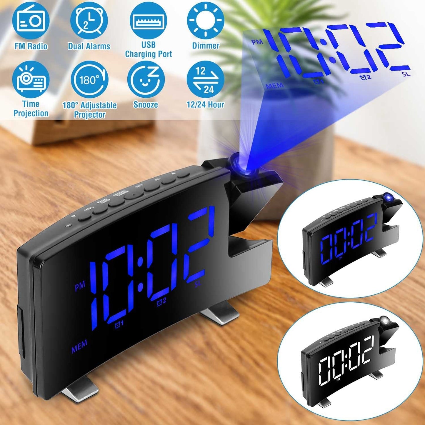 Projection Alarm Clock with Radio Function 7.7In Curved-Screen LED Digital Alarm Clock w/ Dual Alarms 4 Dimmer 12/24 Hour USB Charging Port 180¡ Rotat