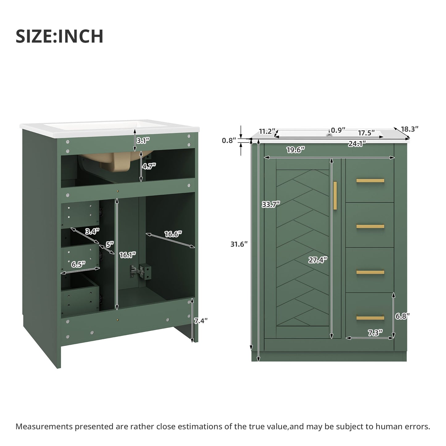 24" Bathroom Vanity with Integrated Ceramic Sink and Storage